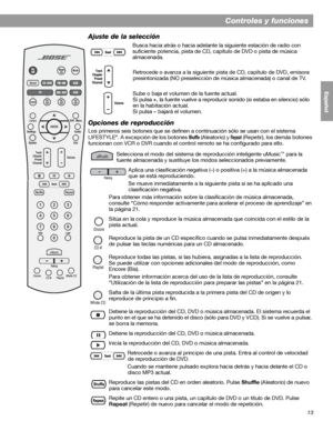 Page 7113
Controles y funciones
English FrançaisEspañol
Ajuste de la selección
Opciones de reproducción
Los primeros seis botones que se definen a continuación sólo se usan con el sistema 
LIFESTYLE®. A excepción de los botones Shuffle (Aleatorio) y Repeat (Repetir), los demás botones 
funcionan con VCR o DVR cuando el control remoto se ha configurado para ello.Busca hacia atrás o hacia adelante la siguiente estación de radio con 
suficiente potencia, pista de CD, capítulo de DVD o pista de música 
almacenada....