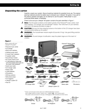 Page 7          AM189854_05_V.PDF October 17, 2001 5
®
THE BOSELIFESTYLEMUSIC SYSTEM CD
6
 D
IS
K
 M
A
G
A
Z
IN
E6 6
5 5
4 4
3 3
2 2
1 1
*Power cord and pack shown above are USA/Canada/Japan versions.
Dual voltage systems include 1 power cord, 1 adapter 
, and 2 power packs.
The power cords and packs for Europe, UK/Singapore, and Australia are shown below.
UK/Singapore
EuropeAustralia
Unpacking the carton
Carefully unpack your system. Save all packing materials for possible future use. The original
packing...