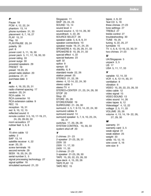 Page 37        AM252876_03_V.pdf October 22, 2001 35
Index
P
Pause  18
PCM  4, 12, 22, 24
phantom  13, 14
phone numbers  31, 33
placement  6, 7, 16, 27
PLAY  15, 31
Play  18
PLAY/PAUSE  20, 24
polarity  30
port  8
power cord  5, 11, 18, 30
power pack  5, 11, 17, 18, 30, 33
power rating  33
power surge  30
powered speakers  29
PRESET  19
preset  18-20, 25
preset radio station  20
problems  27, 31
purchase date  3
R
radio  4, 19, 20, 25, 31
radio channel spacing  17
random  20, 24
RCA cable  14
RCA connector  10...