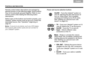 Page 2824
CONTROLS AND INDICATORS
English
TAB 6Italiano
TA B  TA B   TA B  3
TA B  5 TA B  2
TA B  4
Remote control button descriptions are arranged by 
general function on the following pages. Some buttons 
may not be physically grouped together. Refer to your 
remote control while read ing the following button 
descriptions.
Before many of the buttons can function properly, your 
Lifestyle
® system remote must be set up to control the 
associated source. See “Operation” beginning on 
page 30.
Note: A source...