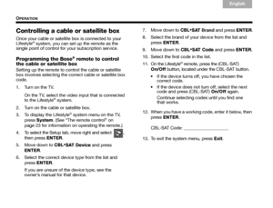 Page 3632
OPERATION
English
TAB 6Italiano
TA B  TA B   TA B  3
TA B  5 TA B  2
TA B  4
Controlling a cable or satellite box
Once your cable or satellite box is connected to your 
Lifestyle® system, you can set up the remote as the 
single point of control for  your subscription service.
Programming the Bose® remote to control 
the cable or satellite box
Setting up the remote to control the cable or satellite 
box involves selecting the c orrect cable or satellite box 
code.
1. Turn on the TV.
On the TV, select...