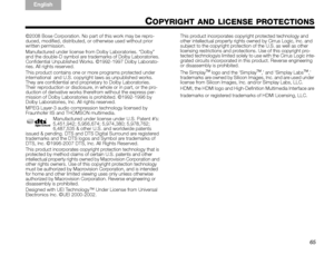 Page 6965
TA B  
TAB TAB 6 TAB  TA B  
English TAB 3
TA B  2
©2008 Bose Corporation. No part of this work may be repro-
duced, modified, distributed, or  otherwise used without prior 
written permission.
Manufactured under license from  Dolby Laboratories. “Dolby” 
and the double-D symbol are trademarks of Dolby Laboratories. 
Confidential Unpublished Work s. ©1992-1997 Dolby Laborato-
ries. All rights reserved.
This product contains one or more programs protected under 
international  and U.S. copyright laws...