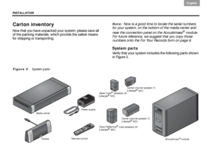 Page 12INSTALLATION
8
English DanskEpañolDansk Epañol
English
Carton inventory
Now that you have unpacked your system, please save all 
of the packing materials, which provide the safest means 
for shipping or transporting.
Note: Now is a good time to locate the serial numbers 
for your system, on the bottom of the media center and 
near the connection panel on the Acoustimass
® module. 
For future reference, we suggest that you copy those 
numbers onto the For Your Records form on page iii.
System parts
Verify...
