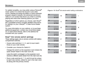 Page 56REFERENCE
52
English DanskEpañolDansk Epañol
English
For added versatility, you may prefer using a Personal® 
music center II to control the sound in your other 
rooms. Besides providing th e ability to switch between 
program streams instantly, this advanced remote pro-
vides an LCD screen that shows you what is currently 
playing and what other listening options you have.
Regardless of which options you choose, each Bose
® 
link-compatible product incl udes detailed instructions 
for adding it to your...