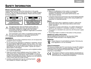 Page 2ii
English
TA B  6
TA B  8 TA B  7 TA B  3 TA B  5TA B  2
TA B  4
SAFETY INFORMATION
Please read this guidePlease take the time to follow  the instructions in this guide 
carefully. They will help you set up and use your system properly 
so you can enjoy its advanced features. Please save this guide 
for future reference.
The lightning flash with ar rowhead symbol within an 
equilateral triangle alerts the user to the presence of 
uninsulated, dangerous voltage within the system 
enclosure that may be of...