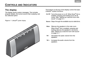 Page 2420
English DanskEpañolDansk Epañol
English
CONTROLS AND INDICATORS
The display
The display shows system messages. This includes 
program details, the current source that is playing, and 
any selected option.
Figure 1 Lifestyle® system display 
The buttons on the top of the display control the basic 
Lifestyle® system functions.
Turns the power on or off. When Bose® link is 
enabled, pressing and holding turns off all 
zones. (See “Setting up a second room with 
sound” on page 51.)
Steps through the...