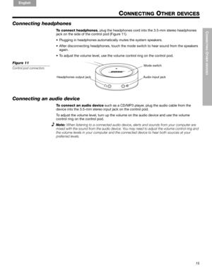 Page 1715
CONNECTING
 O
THER DEVICES
!!
English FrançaisEspañol
CONNECTING OTHER DEVICES
Connecting headphones
To connect headphones, plug the headphones cord into the 3.5-mm stereo headphones 
jack on the side of the control pod (Figure 11). 
• Plugging in headphones automatically mutes the system speakers.
• After disconnecting headphones, touch the mode switch to hear sound from the speakers 
again.
• To adjust the volume level, use the volume control ring on the control pod.
Figure 11
Control pod...