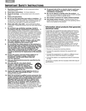 Page 3!!
English FrançaisEspañol
IMPORTANT SAFETY INSTRUCTIONS
1. Read these instructions – for all components before 
using this product. 
2. Keep these instructions – for future reference. 
3. Heed all warnings – on the product and in the owner’s 
guide.
4. Follow all instructions.
5. Do not use this apparatus near water or moisture – Do 
not use this product near a bathtub, washbowl, kitchen sink, 
laundry tub, in a wet basement, near a swimming pool, or 
anywhere else that water or moisture are present.
6....