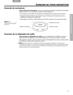 Page 3515
CONEXIÓN DE OTROS DISPOSITIVOS
English FrançaisEspañol
CONEXIÓN DE OTROS DISPOSITIVOS
Conexión de auriculares
Para conectar los auriculares, enchufe el cable de auriculares en la salida de auriculares 
estéreo de 3,5 mm a un lado de la consola de control (Figura 11). 
• Al conectar los auriculares se silenciarán automáticamente los altavoces del sistema.
• Después de desconectar los auriculares, toque el interruptor de modo para volver a 
reproducir el sonido por los altavoces.
• Para ajustar el...
