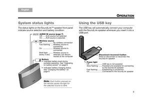 Page 95
TA B  5 ,  1 3
TA B  4 ,  1 2 TA B  6 ,  1 4 TA B  8 ,  1 6 TA B  7 ,  1 5
English TAB 3, 11
TAB 2, 10
OPERATION
System status lights
The status lights on the SoundLink™ speaker front panel 
indicate source selectio n and battery condition.
Using the USB key
The USB key will automatically  connect your computer 
with the SoundLink speaker whenever you insert it into a 
USB port.
AUXAUDIO IN source (page 7)
Off: ..... AUX source not selected
On: ..... AUX source is selected 
Wireless source
Off:...