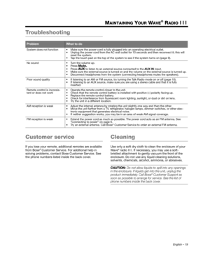 Page 19English – 19
MAINTAINING YOUR WAVE® RADIO III
Troubleshooting
Customer service
If you lose your remote, additional remotes are available 
from Bose® Customer Service. For additional help in 
solving problems, contact Bose Customer Service. See 
the phone numbers listed inside the back cover.
Cleaning
Use only a soft dry cloth to clean the enclosure of your 
Wave® radio  III. If necessary, you may use a soft-
bristled attachment to gently vacuum the front of the 
enclosure. Do not use any liquid cleaning...