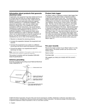 Page 44 – English
Information about products that generate 
electrical noise
If applicable, this equipment has been tested and found 
to comply with the limits for a Class B digital device, 
pursuant to Part 15 of the FCC rules. These limits are 
designed to provide reasonable protection against 
harmful interference in a re sidential installation. This 
equipment generates, uses, and can radiate radio 
frequency energy and, if not installed and used in 
accordance with the instructions, may cause harmful...