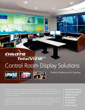 Page 1Christie’s25+ years of providing rear projection display products for 24/7 control room
environments continues to grow and expand with the advent of a complete new line of next
generation, purposebuilt, singlechip XGA and SXGA+ DLP
®rear projection display products
and wall control systems. 
The new Christie TotalVIEW™ line of control room projection products include all the features
and benefits that are most critical to meet today’s demanding control room display system
needs: long term display quality...