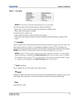 Page 50Section 3: Operation
M-Series User Manual3-6020-100009-01 Rev.1 (07/08)
Table 3.1 - Auto Setup
NOTE: You must have an unlocked channel present to use Auto Setup. 
The best auto setup will be obtained under the following conditions:
• Input levels, it is best to have an image with saturated (very Bright) colors.
• Phase, high contrast edges are needed.
To determine active window size:
• Video images should have whites and blacks in the image.
• Wide range video images should have content (including white)...