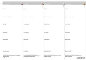 Page 14
english
deutsch francais
español
14
SUPPLIED MATERIALProjector
Remote control with batteries
User guide
Bag (optional)
Cables (optional)
Power Cord
(country dependent)
Before Set up and Use
Unpack the supplied parts and familiarise yourself with the 
various components.
LIEFERUMFANG  MATERIEL FOURNIS
MATERIAL ENTREGADOProjektor
Fernbedienung mit Batterien
Benutzerhandbuch
Tasche (optional)
Kabel (optional)
Stromkabel
( je nach Land)
Vor der Einrichtung und Verwendung
Packen Sie die gelieferten Teile aus...