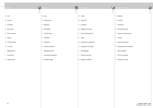 Page 16
english
deutsch francais
español
16
A Lens
B IR sensor
C Ventilation
D Foot release
E Power connector 
F Keypad 
G Connector panel
H Lens shift
I Adjustable feet
J Security lock
K Ceiling mountOVERVIEW ÜBERSICHT VUE D’ENSEMBLE DESCRIPCIÓN GENERAL
A Linse
B Infrarotsensor
C Belüftung
D Fußfreigabe
E Stromanschluss
F Tastenfeld
G Anschlüsse
H Linsenverschiebung
I Regulierbare Füße
J Sicherheitsverriegelung
K DeckenmontageA Objetivo
B Sensor IR
C Ventilación
D  Disparador de pato
E  Conector de...
