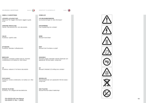 Page 13
13
italianonorsk
SIKKERHET OG ADVARSLERSICUREZZA E AVVERTENZE
SIMBOLI DI AVVERTENZA
LEGGERE LA GUIDA D’USOAttenzione! Per maggiori informazioni, leggere la guida d’uso .
SYMBOLER
LES BRUKSANVISNINGENLes bruksanvisningen for mere informasjon!
TENSIONE PERICOLOSAPericolo  .  Alta tensione all’int  erno del prodotto  .
CALDOAvvertenza: superfici calde .
ATTENDEREAvvertenza: attendere il raffreddamento  .
MERCURIOAvvertenza: la lampada contiene mercurio  .  Riciclarla correttamente e non buttare tra i...
