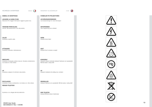 Page 1313
italianonorsk
SIKKERHET OG ADVARSLER SICUREZZA E AVVERTENZE
SIMB
OLI DI AVVERTENZA
LE
GG
ERE LA 
GU
IDA D’
USO
Attenzione! Per ma
ggiori informazioni, le
ggere la 
guida d’us
o.
SYMB
OLER PÅ PR
OJEKT
OREN
LES BRUKSANVISNINGEN
Les bruksanv
isningen 
for mere 
informas
jon!
TENSIONE PERI
CO
LOSA
Pericolo.Alta tens
ione a
ll’int  erno 
del prodotto.
CALD
O
Avvertenza: super
ﬁci calde.
ATTENDEREAvvertenza: attendere il raffredda
mento.
MERCU
RIO
Avvertenza: 
la lampada cont
iene mercur
io. Riciclarla...