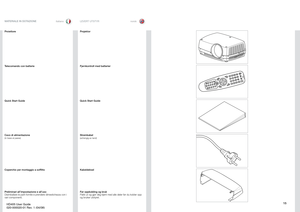 Page 1515
italianonorsk
LEVERT UTSTYR MATERIALE IN DOTAZIONE
Proiettor
e
Projektor 
Telecomando con batteri
e
Quick 
Start 
Guide
Cavo di alimentazione(in base al 
paese
)
Coperchio per monta
ggio a sofﬁtt
o
Preliminari all’im
postazione e all’uso
Disimballare le parti fornite e prendere dimestichezza con i 
vari component
i.
Fjernkontroll med batterierQuick 
Start 
Guide
Strømkabe
l
(avhen
gig av land)
Kabeldeksel
Før oppkobling og bruk
Pakk ut og gjør deg kjent med alle deler før du kobler oppog bruker...