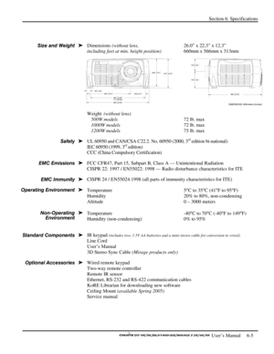 Page 111Section 6: Specifications 
 
  
 User’s Manual     6-5. 
 
Dimensions (without lens,  26.0” x 22.3” x 12.3”  
including feet at min. height position) 660mm x 566mm x 313mm  
 
Weight  (without lens) 
 500W models  72 lb. max 
 1000W models  72 lb. max 
 1200W models  75 lb. max 
UL 60950 and CAN/CSA C22.2. No. 60950 (2000, 3
rd edition bi-national) 
IEC 60950 (1999, 3rd edition) 
CCC (China Compulsory Certification)
  
FCC CFR47, Part 15, Subpart B, Class A — Unintentional Radiation 
CISPR 22: 1997 /...