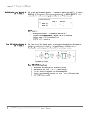 Page 140Appendix F: Optional Input Modules 
F-4    
  User’s Manual 
  
The module accepts a serial digital 4:2:2 component video signal (YCbCr) via a single 
SERIAL IN BNC connector. The signal can loop through the SERIAL OUT BNC out to 
another device (such as another projector). Inputs are 75
Ω terminated. 
 
SDI Features 
◊ accepts serial digital 4:2:2 component video (YCbCr)  
◊ provides both a 
SERIAL IN and a SERIAL OUT BNC connector 
includes status LEDs for signal and error 
◊ SMPTE 259M compatible...