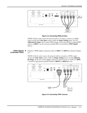 Page 17Section 2: Installation and Setup 
 
  
 User’s Manual     2-13. 
 
Figure 2.8. Connecting RGB and Sync  
NOTES: 1) If for some reason the projector fails to recognize a signal as an RGB 
signal, specify this Color Space option within the Image Settings menu. See 3.5 
Adjusting the Image. 2) To connect YPbPr signals–such as from DVDs or analog HDTV 
sources–to 
INPUT 1, use the red, green and blue BNCs as described in YPbPr Signals 
(below). 
 
Connect a YPbPr signal (component video) to INPUT 1 or INPUT...