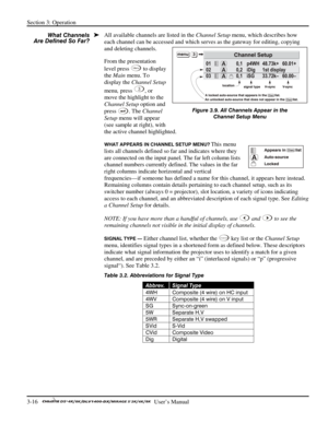 Page 38Section 3: Operation 
3-16   
  User’s Manual      
All available channels are listed in the Channel Setup menu, which describes how 
each channel can be accessed and which serves as the gateway for editing, copying 
and deleting channels. 
From the presentation 
level press 
Menu to display 
the Main menu. To 
display the Channel Setup 
menu, press
 
3, or 
move the highlight to the 
Channel Setup option and 
press
 
. The Channel 
Setup menu will appear 
(see sample at right), with 
the active channel...