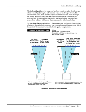 Page 15Section 2: Installation and Setup 
 
  
 User’s Manual     2-9. 
The horizontal position of the image can be offset – that is moved to the left or right 
of lens center, by adjusting the fully motorized lens mount through software. The 
amount of horizontal offset available depends on the lens installed and if the image 
has already been vertically offset. Horizontal offset can also be expressed as the 
percent of half the image width – the number of pixels of shift to one side of lens 
center. Refer to...