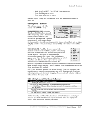 Page 53Section 3: Operation 
 
  
 User’s Manual     3-27. 
• RGB signals in NTSC, PAL, SECAM frequency range.s 
• Scan-doubled sync-on-green. 
• Scan-quadrupled sync-on-green. 
For these signals, change the Color Space to RGB, then define a new channel for 
future use. 
Video Options 
— SUBMENU 
This submenu is used with video 
sources only (
INPUTS 3 or 4). 
ENABLE DECODER AGC: Automatic 
Gain Control (AGC) affects decoded 
video images only. Enter a checkmark 
(default) in most instances—this 
activates the...