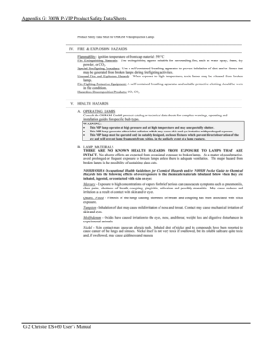 Page 130Appendix G: 300W P-VIP Product Safety Data Sheets 
 G-2 Christie DS+60 User’s Manual    
  