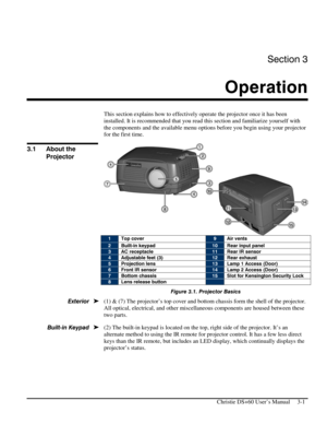Page 25Section 3 
Operation  
 
  Christie DS+60 User’s Manual     3-1 
 
This section explains how to effectively operate the projector once it has been 
installed. It is recommended that you read this section and familiarize yourself with 
the components and the available menu options before you begin using your projector 
for the first time. 
 1 Top cover 9 Air vents 
2 Built-in keypad 10 Rear input panel 
3 AC receptacle 11 Rear IR sensor 
4 Adjustable feet (3) 12 Rear exhaust  
5 Projection lens 13 Lamp 1...