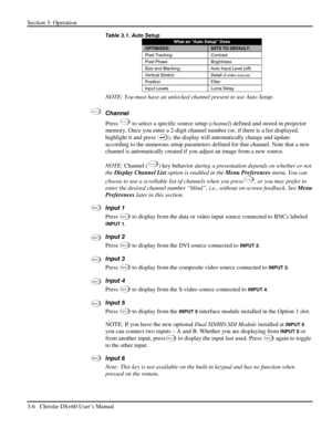 Page 30Section 3: Operation 
3-6   Christie DS+60 User’s Manual  
Table 3.1. Auto Setup  
What an “Auto Setup” Does 
OPTIMIZES: SETS TO DEFAULT: 
Pixel Tracking  Contrast 
Pixel Phase  Brightness 
Size and Blanking  Auto Input Level (off) 
Vertical Stretch  Detail (if video source) 
Position Filter 
Input Levels   Luma Delay 
NOTE: You must have an unlocked channel present to use Auto Setup.  
Channel 
Press 
C han nel to select a specific source setup (channel) defined and stored in projector 
memory. Once you...