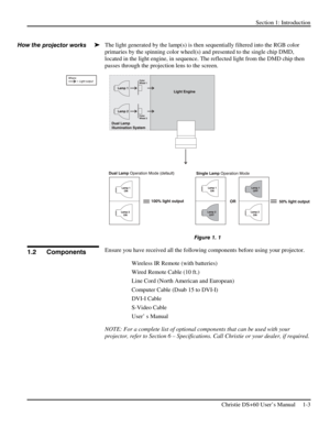 Page 5Section 1: Introduction   
 
Christie DS+60 User’s Manual     1-3  
 
The light generated by the lamp(s) is then sequentially filtered into the RGB color 
primaries by the spinning color wheel(s) and presented to the single chip DMD, 
located in the light engine, in sequence. The reflected light from the DMD chip then 
passes through the projection lens to the screen. 
 
Figure 1. 1 
Ensure you have received all the following components before using your projector.  
 Wireless IR Remote (with batteries)...