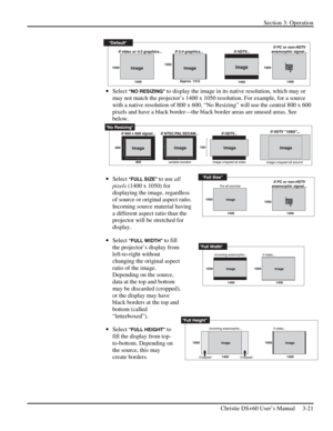 Page 45Section 3: Operation 
 
Christie DS+60 User’s Manual     3-21  
 
• Select
 “NO RESIZING” to display the image in its native resolution, which may or 
may not match the projector’s 1400 x 1050 resolution. For example, for a source 
with a native resolution of 800 x 600, “No Resizing” will use the central 800 x 600 
pixels and have a black border—the black border areas are unused areas. See 
below. 
 
• Select “FULL SIZE” to use all 
pixels (1400 x 1050) for 
displaying the image, regardless 
of source or...