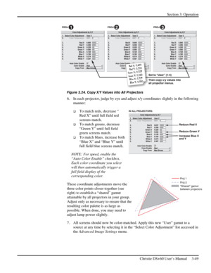 Page 73Section 3: Operation 
 
Christie DS+60 User’s Manual     3-49  
 
Figure 3.24. Copy X/Y Values into All Projectors 
6.  In each projector, judge by eye and adjust x/y coordinates slightly in the following 
manner: 
