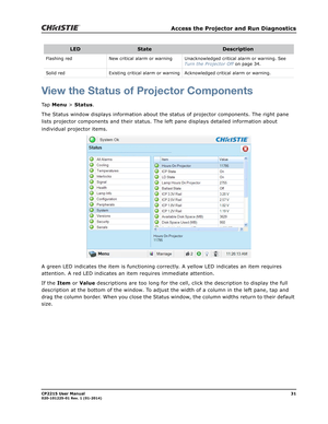 Page 39   Access the Projector and Run Diagnostics
CP2215 User Manual31020-101225-01 Rev. 1 (01-2014)
View the Status of Projector Components
Tap Menu > Status.
The Status window displays information about the status of projector components. The right pane 
lists projector components and their status. The left pane displays detailed information about 
individual projector items. 
A green LED indicates the item is functioning correctly. A yellow LED indicates an item requires 
attention. A red LED indicates an...