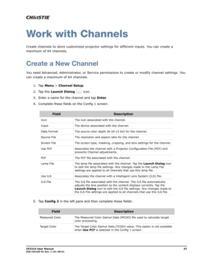 Page 45CP2215 User Manual37020-101225-01 Rev. 1 (01-2014)
Work with Channels
Create channels to store customized projector settings for different inputs. You can create a 
maximum of 64 channels.
Create a New Channel
You need Advanced, Administrator, or Service permissions to create or modify channel settings. You 
can create a maximum of 64 channels.
1. Tap Menu > Channel Setup.
2. Tap the Launch Dialog  icon.
3. Enter a name for the channel and tap Enter.
4. Complete these fields on the Config 1 screen:
5....