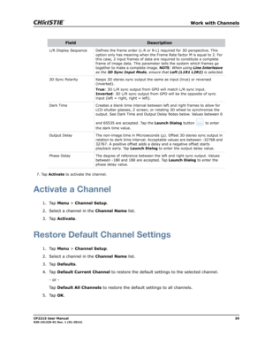 Page 47   Work with Channels
CP2215 User Manual39020-101225-01 Rev. 1 (01-2014)
7. Tap Activate to activate the channel.
Activate a Channel
1. Tap Menu > Channel Setup.
2. Select a channel in the Channel Name list.
3. Tap Activate.
Restore Default Channel Settings
1. Tap Menu > Channel Setup.
2. Select a channel in the Channel Name list.
3. Tap Defaults.
4. Tap Default Current Channel to restore the default settings to the selected channel.
- or -
Tap Default All Channels to restore the default settings to all...