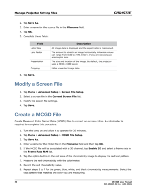 Page 5446                                                                                                                                                            CP2215 User Manual020-101225-01 Rev. 1 (01-2014)
Manage Projector Setting Files
2. Tap Save As.
3. Enter a name for the source file in the Filename field.
4. Tap OK.
5. Complete these fields:
6. Tap Save.
Modify a Screen File
1. Tap Menu > Advanced Setup > Screen File Setup.
2. Select a screen file in the Current Screen File list.
3. Modify the...