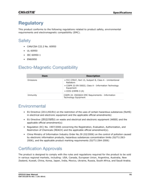 Page 99   Specifications
CP2215 User Manual91020-101225-01 Rev. 1 (01-2014)
Regulatory
This product conforms to the following regulations related to product safety, environmental 
requirements and electromagnetic compatibility (EMC).
Safety
• CAN/CSA C22.2 No. 60950
• UL 60950
• IEC 60950-1
• EN60950
Electro-Magnetic Compatibility
Environmental
• EU Directive (2011/65/EU) on the restriction of the uses of certain hazardous substances (RoHS) 
in electrical and electronic equipment and the applicable official...