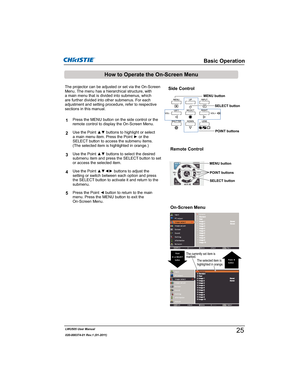 Page 27LWU505 User Manual
020-000374-01 Rev.1 (01-2011)
Basic Operation
How to Operate the On-Screen Menu
Side Control
MENU button
On-Screen Menu Remote Control
The projector can be adjusted or set via the On-Screen 
Menu. The menu has a hierarchical structure, with 
a main menu that is divided into submenus, which 
are further divided into other submenus. For each 
adjustment and setting procedure, refer to respective 
sections in this manual.
8VHWKH3RLQWxzEXWWRQVWRKLJKOLJKWRUVHOHFW...