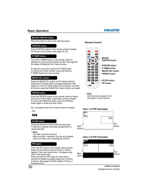 Page 32LWU505 User Manual
020-000374-01 Rev.1 (01-2011)
Press the FREEZE button on the remote control to freeze 
the picture on the screen, meanwhile, volume is muted. 
To cancel the FREEZE function, press the FREEZE 
button again or press any other button.
Fig.1 will appear when the Freeze function is working.
FREEZE button
FILTER button
Press and hold the FILTER button for more than 
5 seconds to operate electrically operated filter to 
replace the filter.
Remote Control
POINTER button
FILTER button
3Note:...