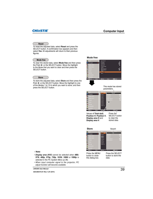 Page 41LWU505 User Manual
020-000374-01 Rev.1 (01-2011)
Computer Input
3Note:
‡Display area (H/V) FDQQRW EH VHOHFWHG ZKHQ480i
575i480p575p720p1035i1080i RU 1080pLV
VHOHFWHGLQWKH3&6\VWHP0HQXS
‡:KHQ LQSXW FRPSXWHU VLJQDO WR WKH SURMHFWRU 3&
DGMXVWIXQFWLRQZLOOEHFRPHDYDLODEOH
Vacant
This mode has stored 
parameters.
Values of Total dots,
Position H,Position V,
Display area H and 
Display area V.
Press the SELECT 
button to store the 
data.Press the MENU 
button to...