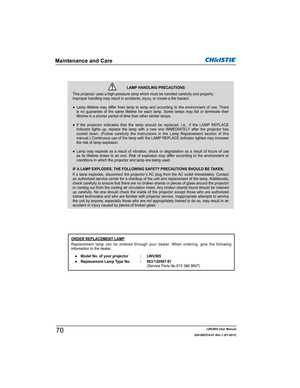 Page 72LWU505 User Manual
020-000374-01 Rev.1 (01-2011)
ORDER REPLACEMENT LAMP
Replacement lamp can be ordered through your dealer. When ordering, give the following 
information to the dealer.
