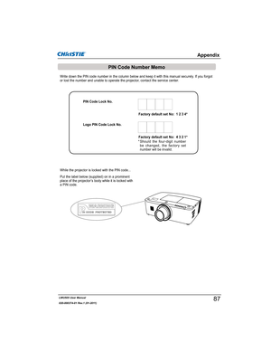 Page 89LWU505 User Manual
020-000374-01 Rev.1 (01-2011)
Write down the PIN code number in the column below and keep it with this manual securely. If you forgot 
or lost the number and unable to operate the projector, contact the service center. 
Factory default set No:  1 2 3 4*
Factory default set No:  4 3 2 1*
* Should the four-digit number 
be changed, the factory set 
number will be invalid.
Put the label below (supplied) on in a prominent 
place of the projector’s body while it is locked with 
a PIN code....