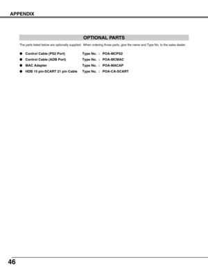 Page 4646
OPTIONAL PARTS
The parts listed below are optionally supplied.  When ordering those parts, give the name and Type No. to the sales dealer.
Control Cable (PS2 Port) Type No. : POA-MCPS2
Control Cable (ADB Port) Type No. : POA-MCMAC
MAC Adapter Type No. : POA-MACAP
HDB 15 pin-SCART 21 pin Cable Type No. : POA-CA-SCART
APPENDIX 