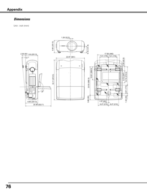 Page 76
76
Dimensions
Appendix
161°
14.74
 (374.5)
1.38
 (35)
10.61
 (269.5)
7.01 (178)7.01 (178)
8.27 (210)
1.57 (40)
8.27 (210)3.66 (93)
22.93 (582.5)
17.56 (446)
3.26
 (82.8)
9.72
 (247)
9.9 (251.5)2.36 (60)
5.7°
9.90 (251.5)
20.58 (522.7)
1.28 (32.5)
9.90 (251.5)
5.18 (131.5)
22.87 (581)
32.11 (815.5)
6.81 (173)
Unit : inch (mm) 