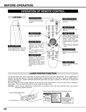 Page 1414
BEFORE OPERATION
VOLUME
ON-OFF
FOCUS
ZOOM
D.ZOOM
MENUMUTE
LASER
KEYSTONENO SHOWFREEZE
AUTO PC ADJ.IMAGE
P-TIMER
LOCK
INPUT
OPERATION OF REMOTE CONTROL
ON
ALL OFF
ALL-OFF SWITCH
Left Side
When using Remote Control Unit,
turn this switch to “ON.”  And turn it
to “ALL OFF” when it is not used.
This Remote Control Unit emits a laser beam as the laser pointer function from Laser Light Window.  When LASER button is
pressed, the laser light goes on.  And when LASER button is being pressed for more than 1...