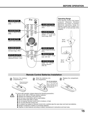 Page 1515
BEFORE OPERATION
To insure safe operation, please observe the following precautions :
Use (2) AA, UM3 or R06 type alkaline batteries.
Replace two batteries at the same time.
Do not use a new battery with an used battery.
Avoid contact with water or liquid.
Do not expose Remote Control Unit to moisture, or heat.
Do not drop Remote Control Unit.
If a battery has leaked on Remote Control Unit, carefully wipe the case clean and load new batteries.
Danger of explosion if battery is incorrectly...