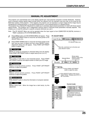 Page 2525
COMPUTER INPUT
MANUAL PC ADJUSTMENT
This projector can automatically tune to the display signals from most personal computers currently distributed.  However,
some computers employ special signal formats which are different from the standard ones and may not be tuned by the
Multi-Scan system of this projector.  If this happens, the projector can not reproduce a proper image and the image may be
recognized as a flickering picture, a non-synchronized picture, a non-centered picture or a skewed picture....